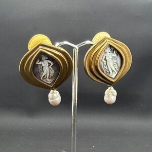 Stephen Dweck 1.5" Earrings - Sterling Bronze Cameo & Pearl Drop Clip-On